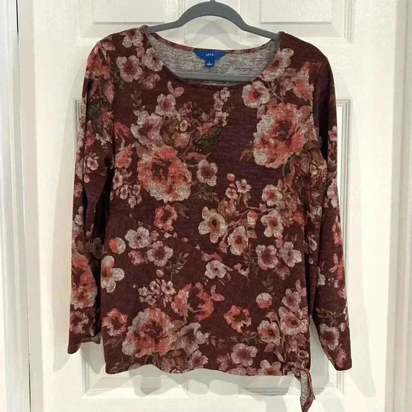 Apt 9 Floral Long Sleeve Round Neck Blouse Sz L Maroon Side Tie Shirt Fall Boho - Picture 1 of 11